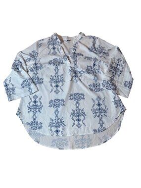 ✨ SHEIN White Navy Boho Ornamental Print V-Neck Blouse 1XL ✨